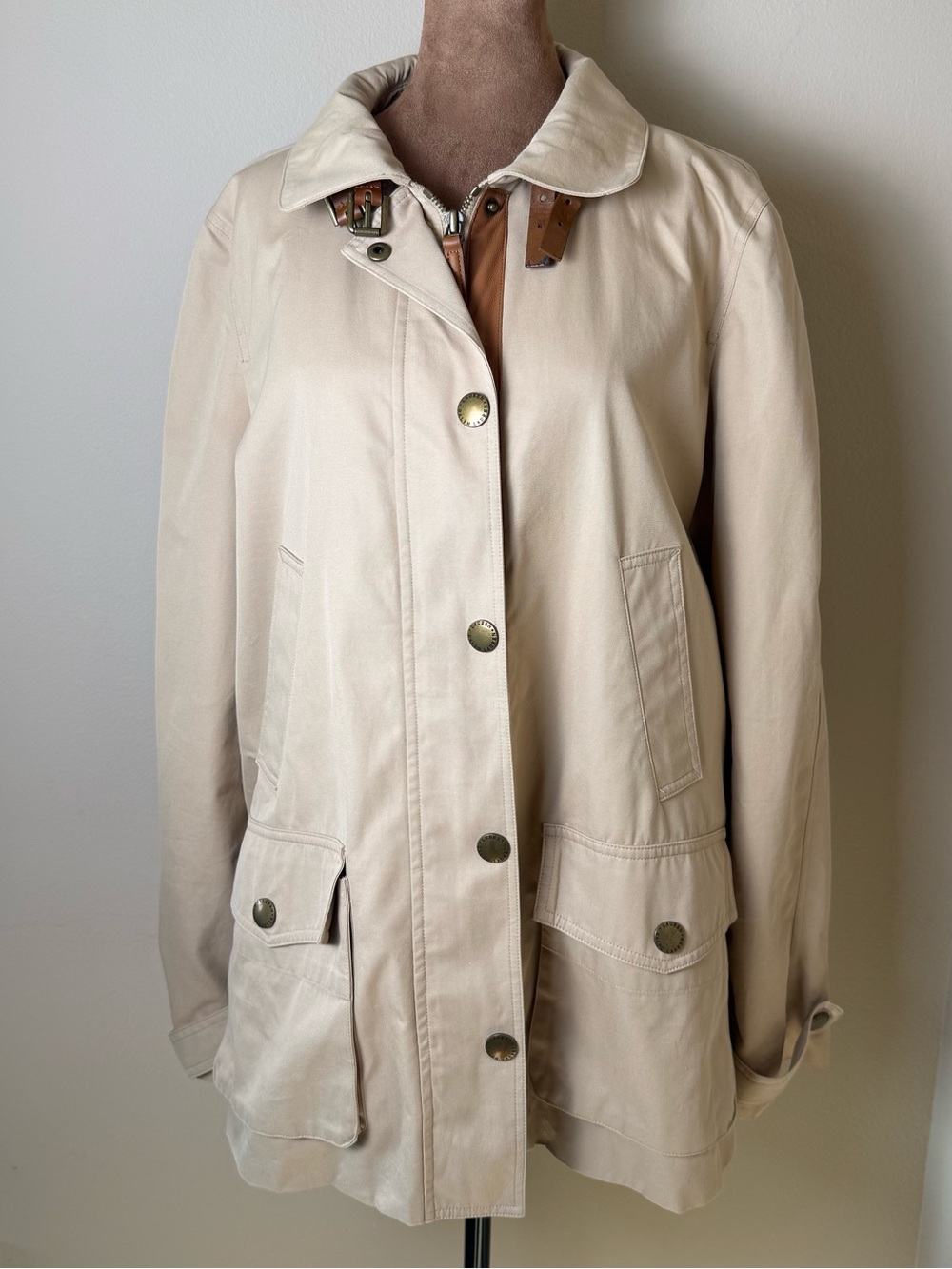 Vintage Lauren Ralph Lauren Khaki Field Jacket Women XL Utility Leather Trim Y2K